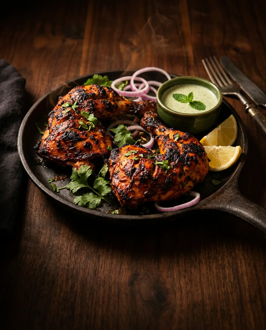 Flame-grilled tandoori chicken platter fresh from the clay oven in Canggu